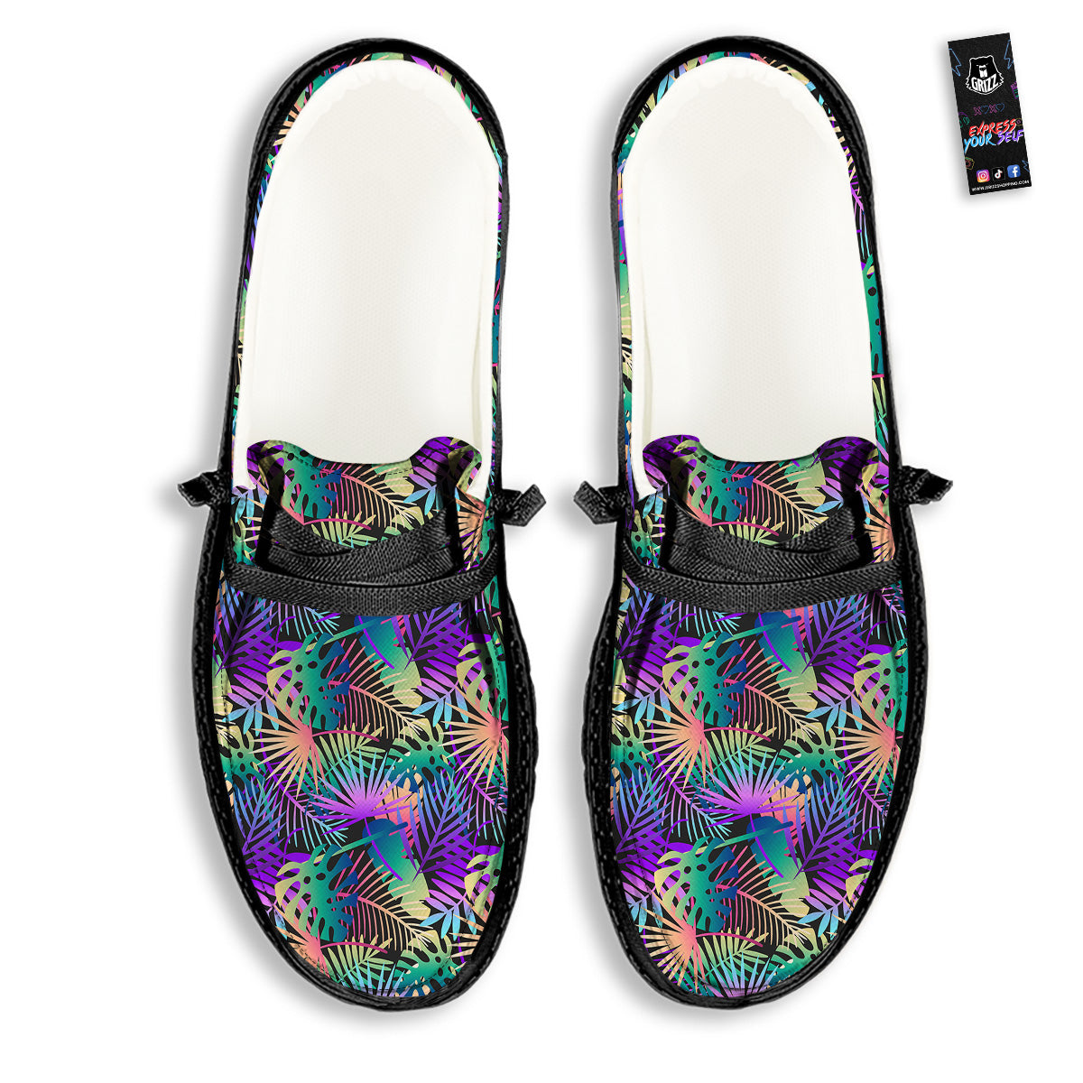 Tropical Neon Color And Palm Leaves Print Pattern Black Loafers-grizzshop