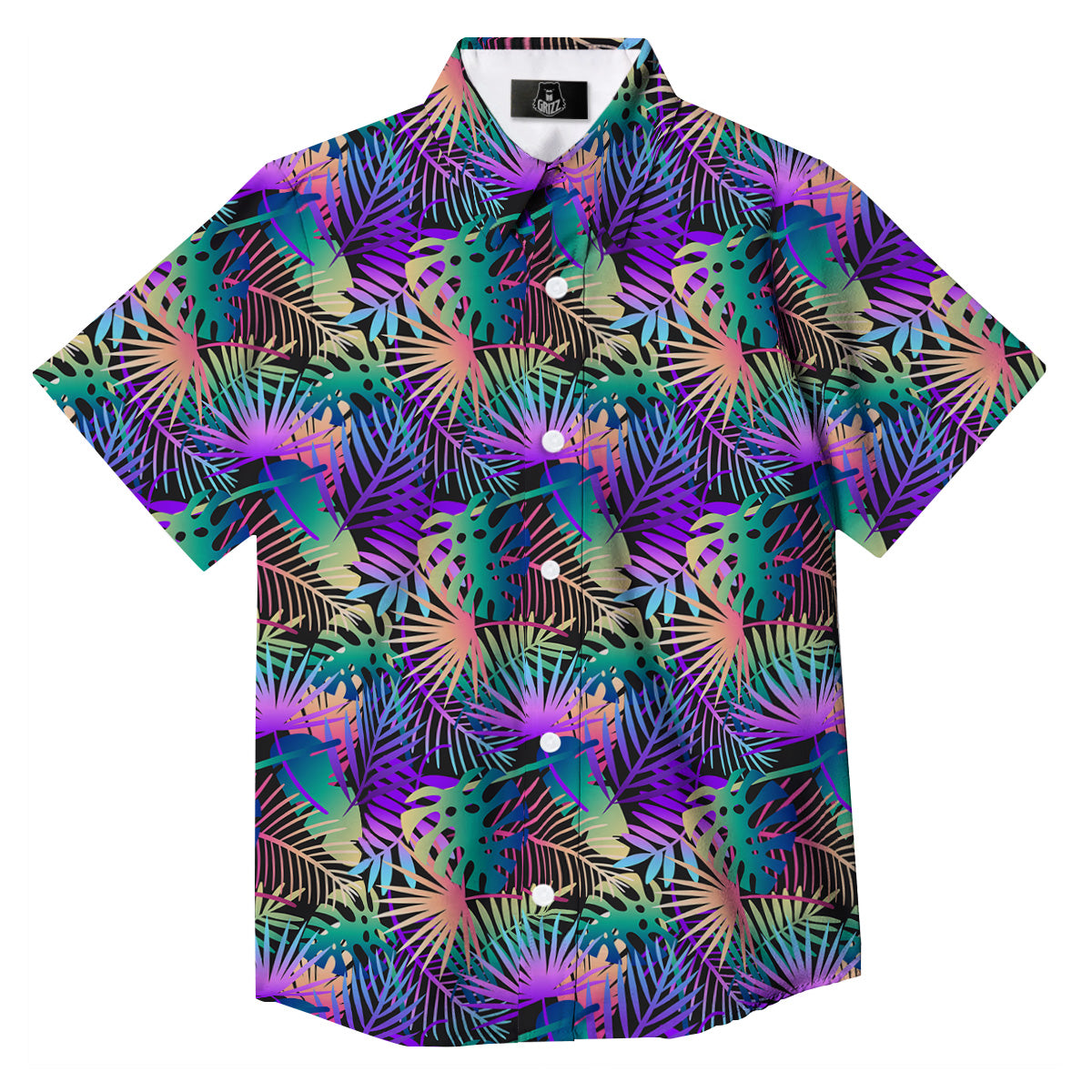 Tropical Neon Color And Palm Leaves Print Pattern Button Up Shirt-grizzshop