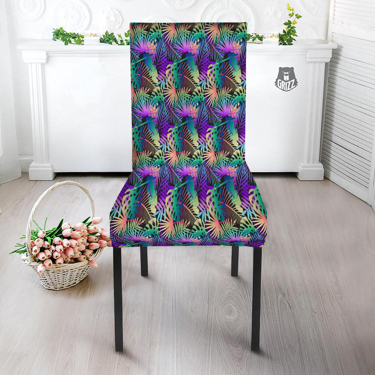 Tropical Neon Color And Palm Leaves Print Pattern Dining Chair Slipcover-grizzshop