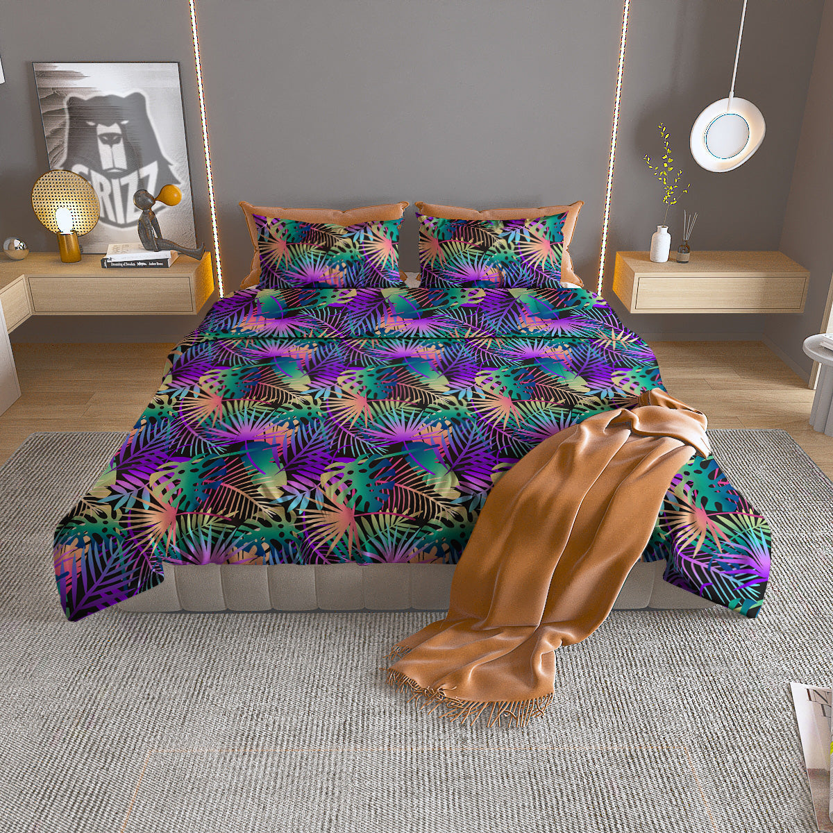 Tropical Neon Color And Palm Leaves Print Pattern Duvet Cover Bedding Set