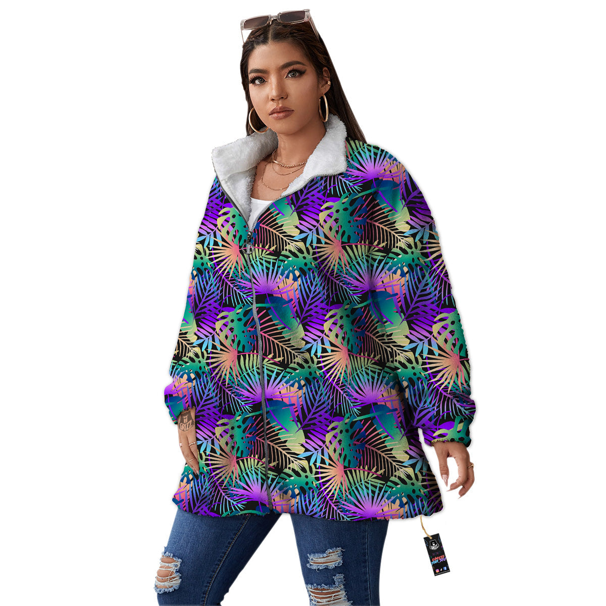 Tropical Neon Color And Palm Leaves Print Pattern Women's Sherpa Jacket-grizzshop