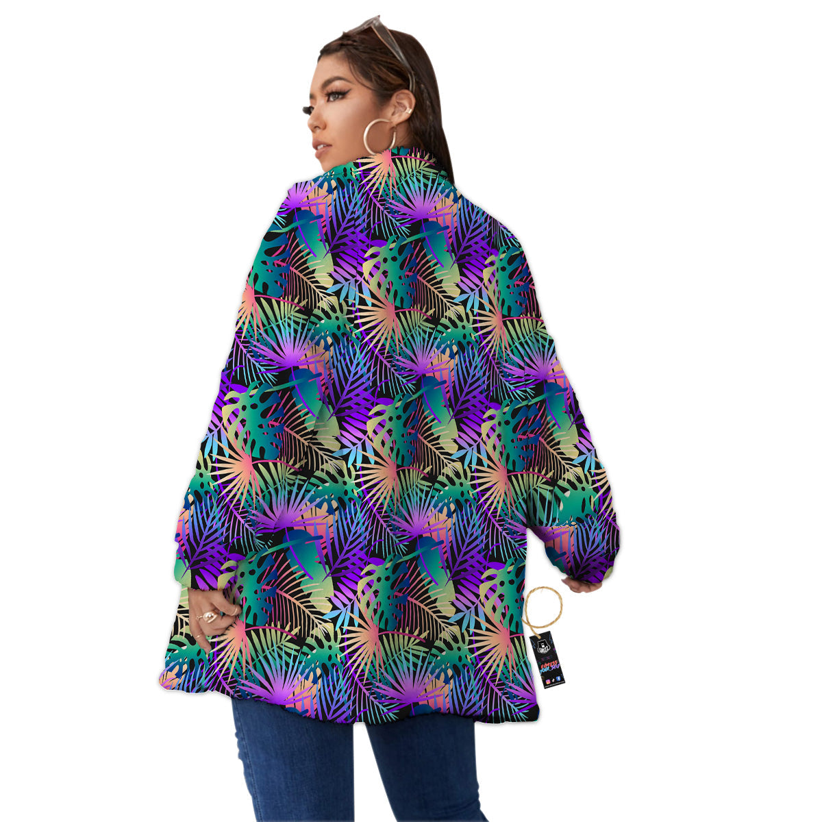 Tropical Neon Color And Palm Leaves Print Pattern Women's Sherpa Jacket-grizzshop