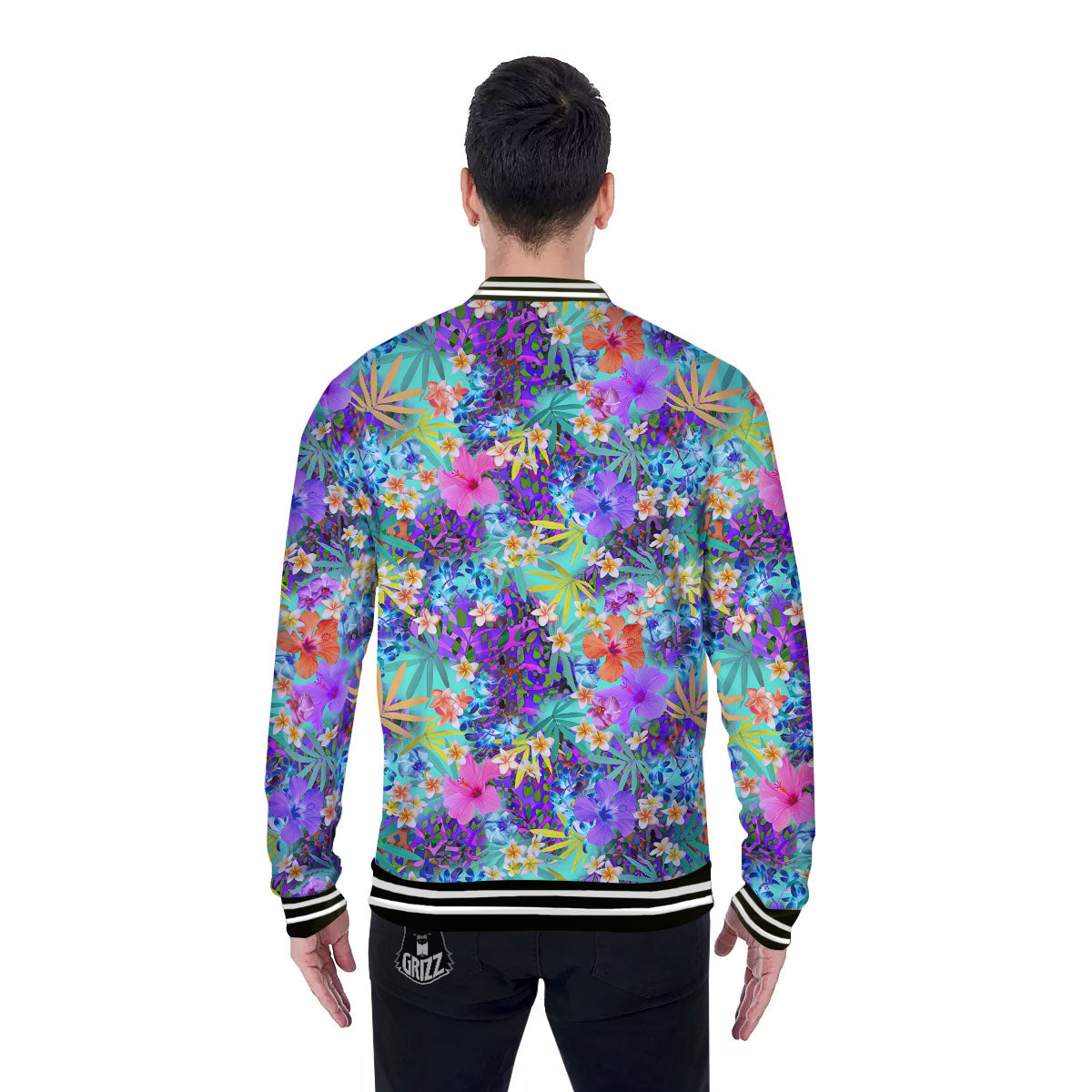 Tropical Neon Hibiscus Print Pattern Baseball Jacket-grizzshop
