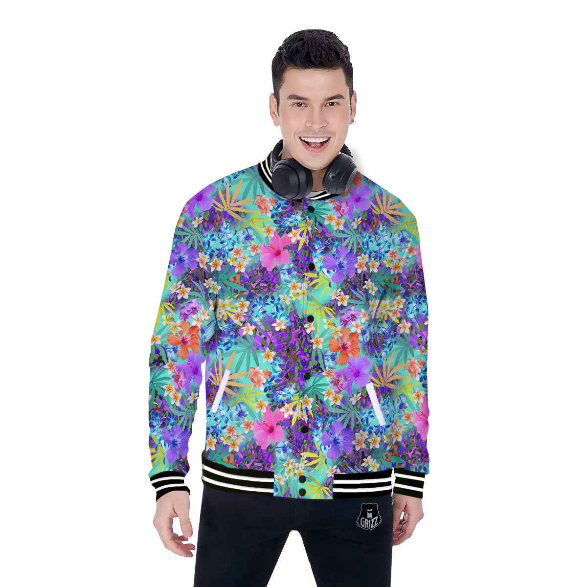 Tropical Neon Hibiscus Print Pattern Baseball Jacket-grizzshop