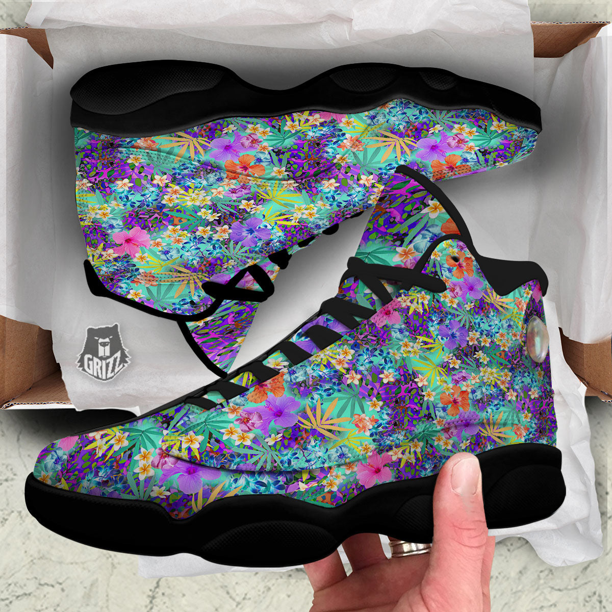 Tropical Neon Hibiscus Print Pattern Black Basketball Shoes-grizzshop