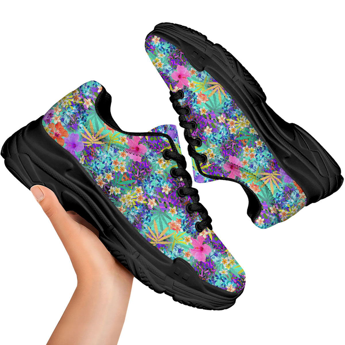 Tropical Neon Hibiscus Print Pattern Black Chunky Shoes-grizzshop