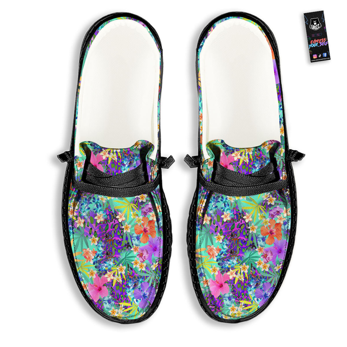 Tropical Neon Hibiscus Print Pattern Black Loafers-grizzshop