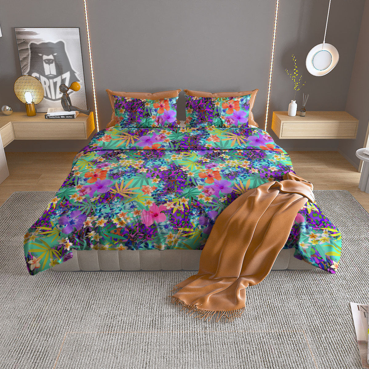 Tropical Neon Hibiscus Print Pattern Duvet Cover Bedding Set
