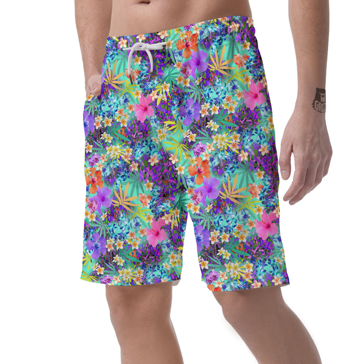 Tropical Neon Hibiscus Print Pattern Men's Shorts-grizzshop