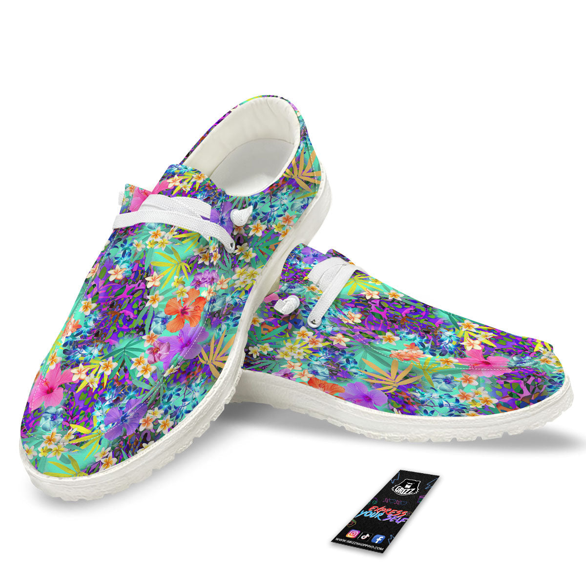 Tropical Neon Hibiscus Print Pattern White Loafers-grizzshop