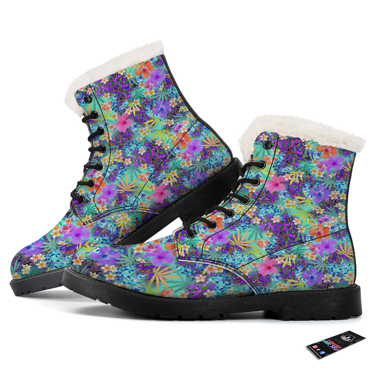 Tropical Neon Hibiscus Print Pattern Winter Boots-grizzshop