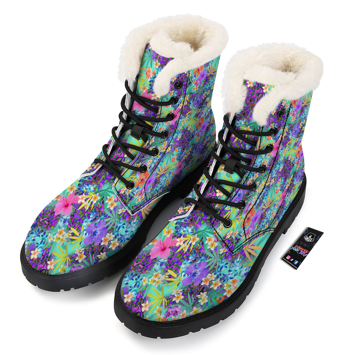 Tropical Neon Hibiscus Print Pattern Winter Boots-grizzshop