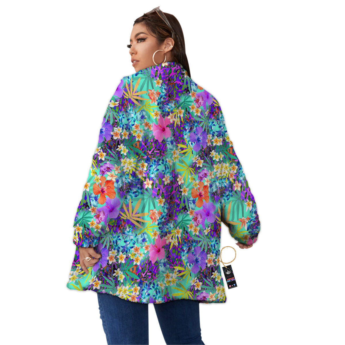 Tropical Neon Hibiscus Print Pattern Women's Sherpa Jacket-grizzshop