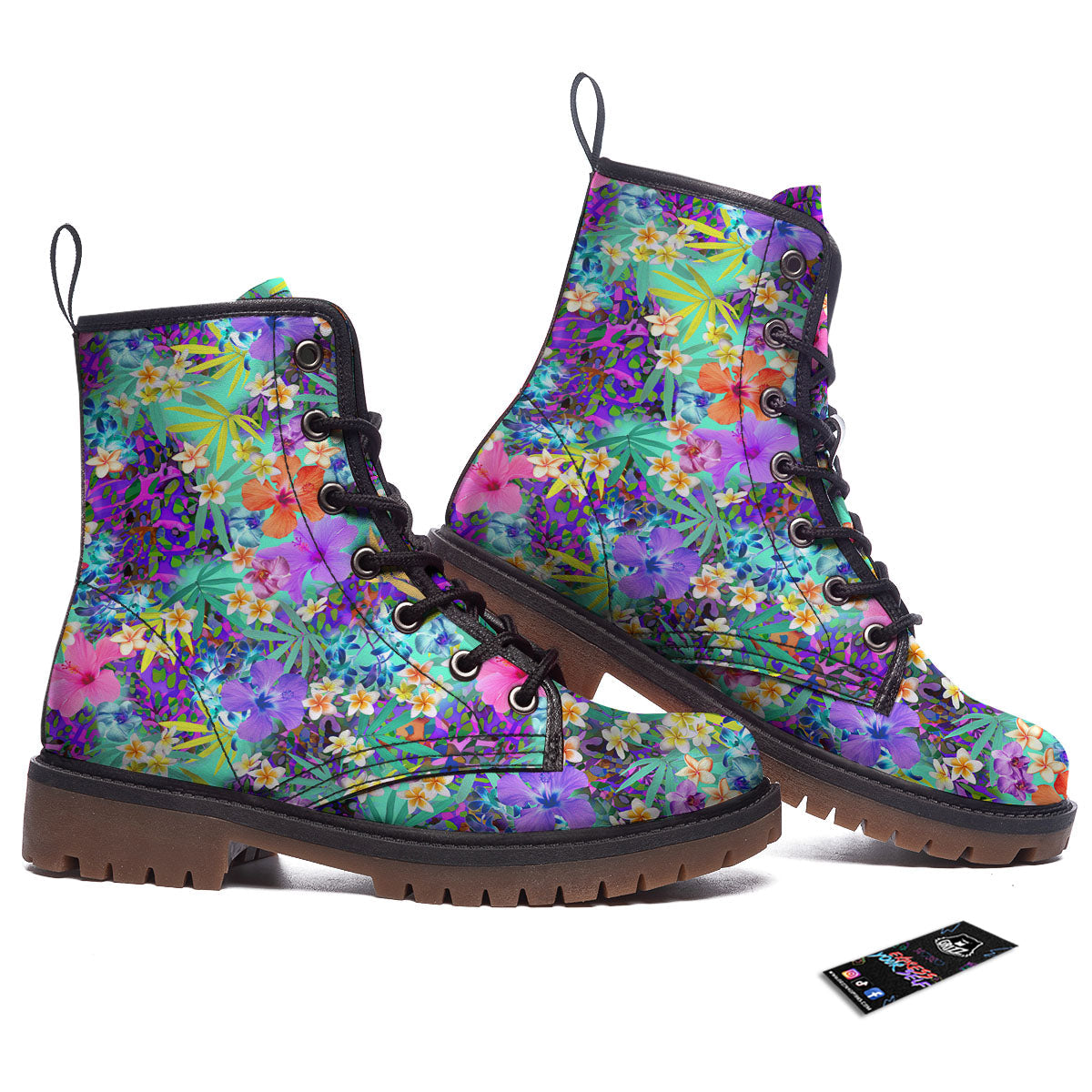 Tropical Neon Hibiscus Print Pattern Work Boots-grizzshop