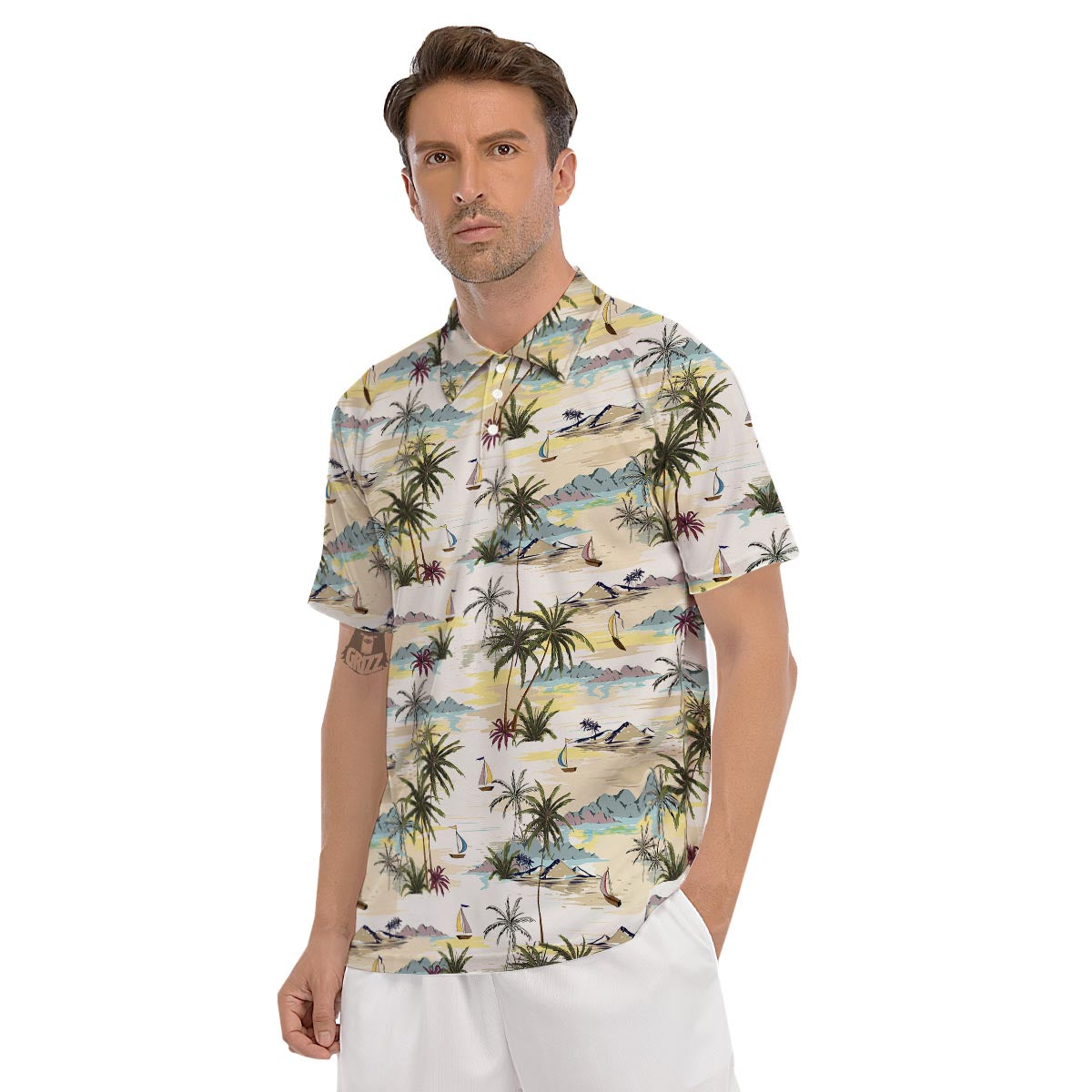 Tropical Palm Lead Island Print Men's Golf Shirts-grizzshop