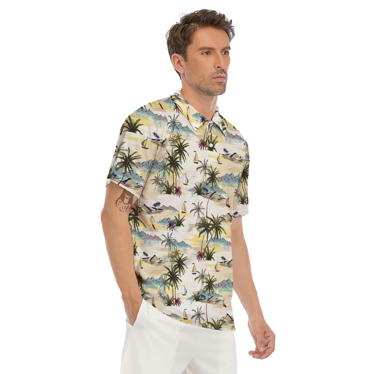 Tropical Palm Lead Island Print Men's Golf Shirts-grizzshop