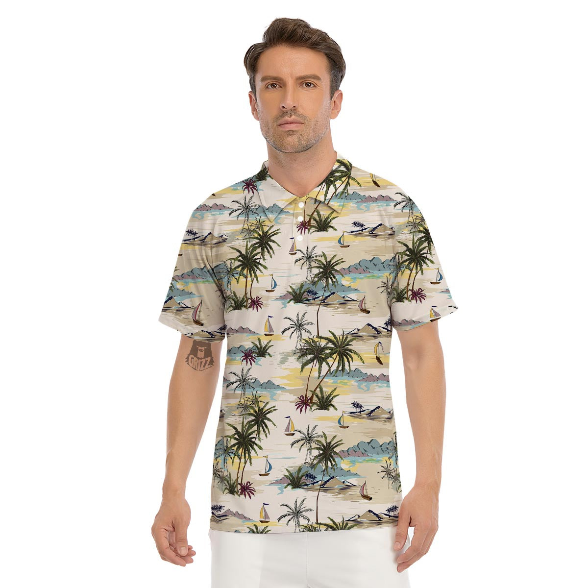Tropical Palm Lead Island Print Men's Golf Shirts-grizzshop