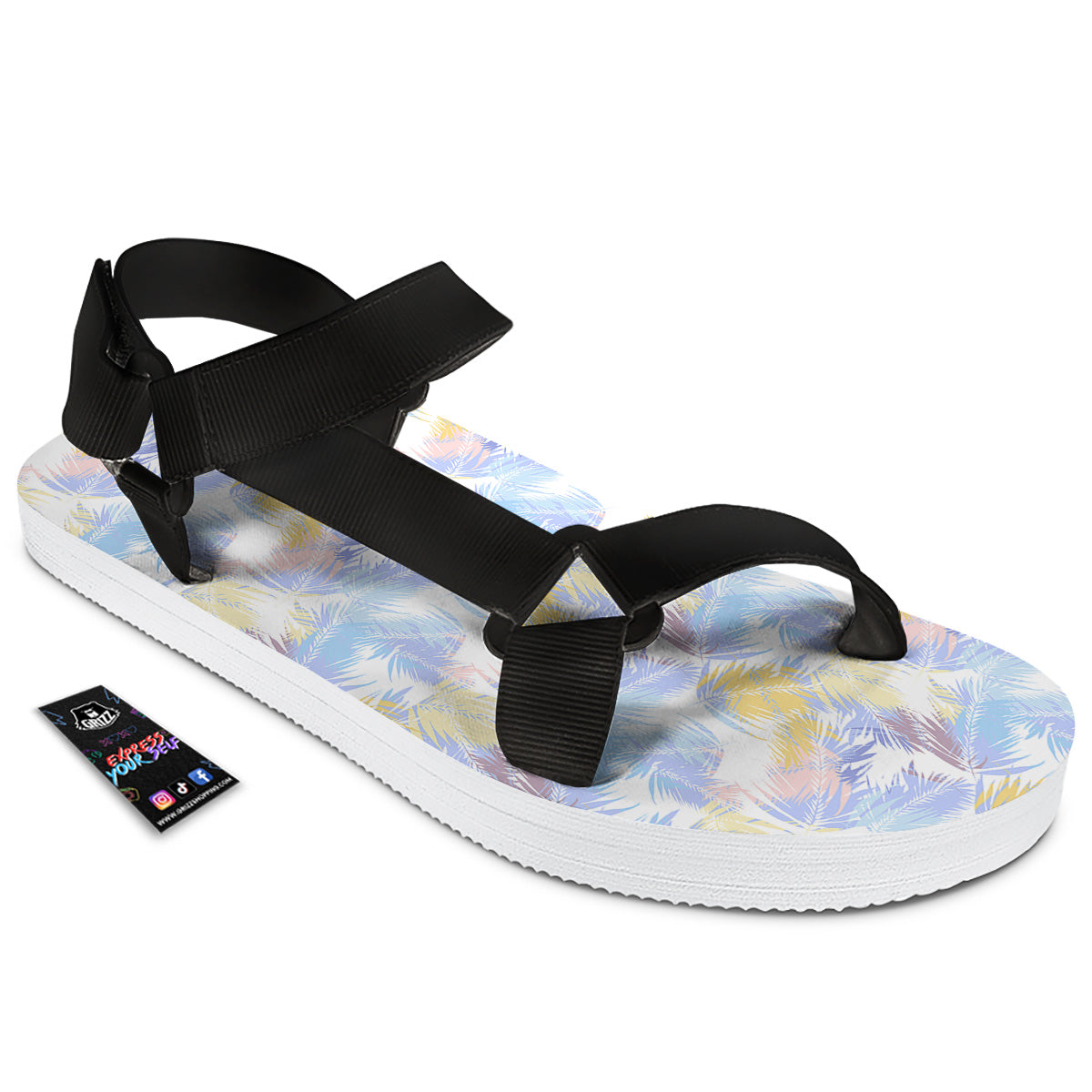 Tropical Palm Leaf Pastel Print Pattern Black Open Toe Sandals-grizzshop