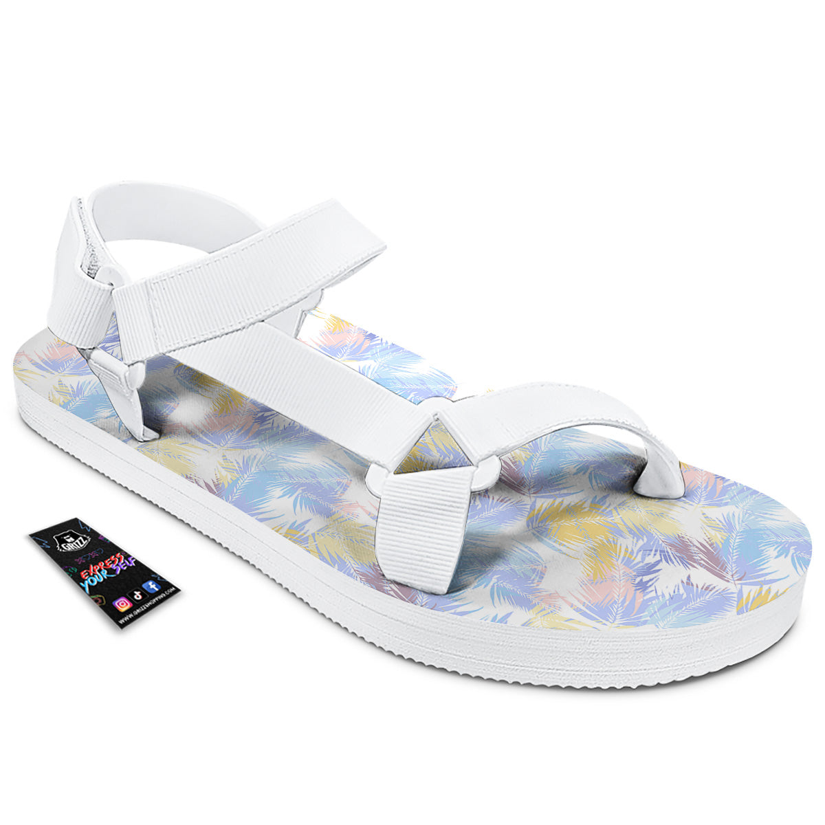 Tropical Palm Leaf Pastel Print Pattern White Open Toe Sandals-grizzshop