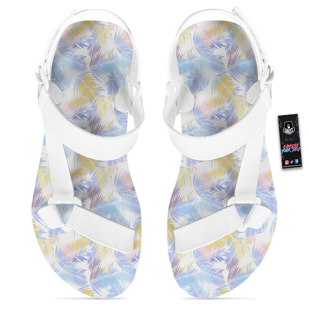 Tropical Palm Leaf Pastel Print Pattern White Open Toe Sandals-grizzshop