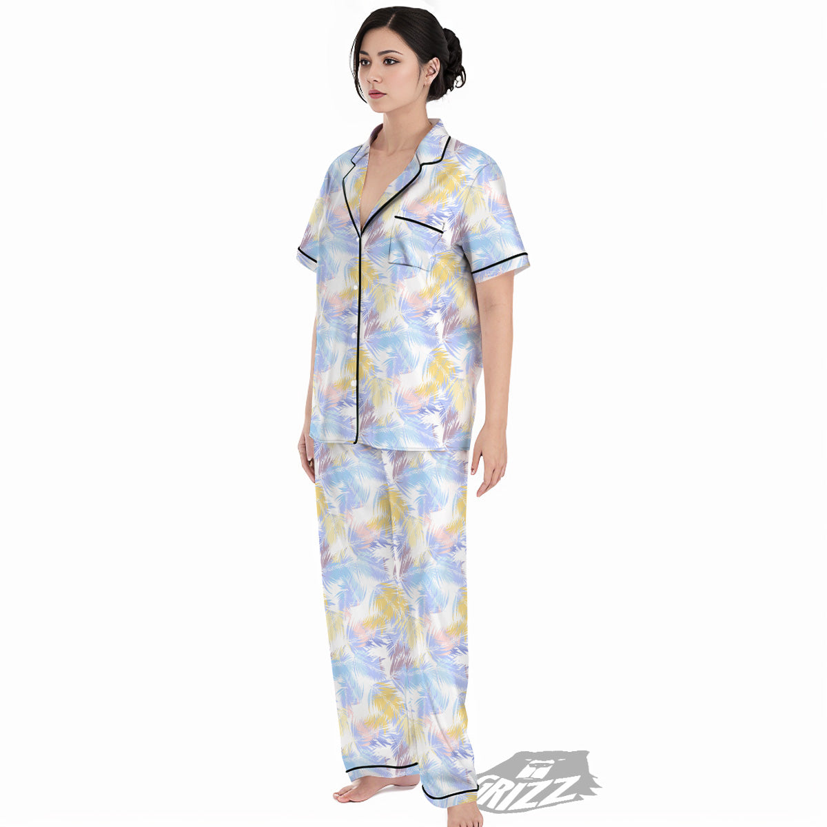 Tropical Palm Leaf Pastel Print Pattern Women's Pajamas Set-grizzshop