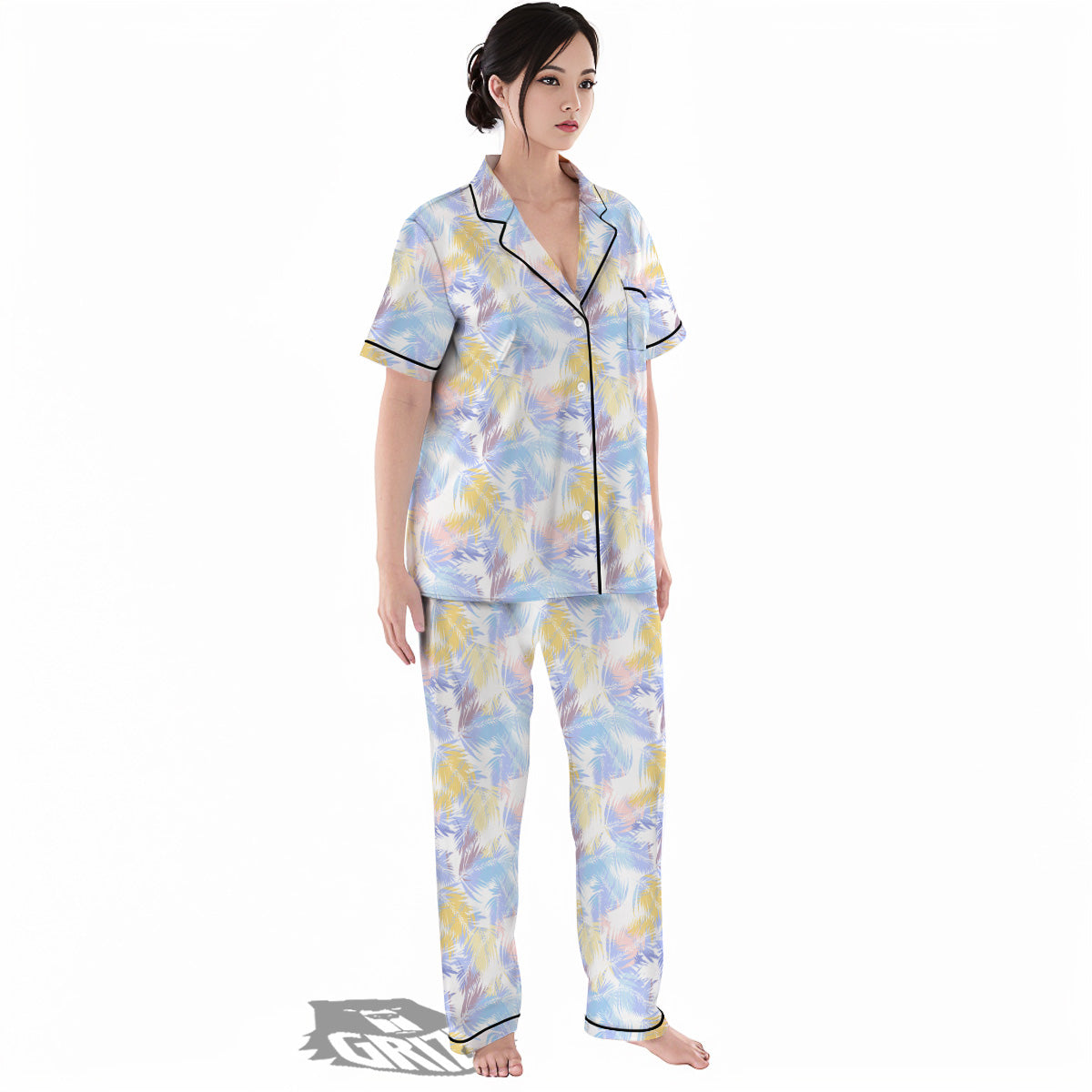 Tropical Palm Leaf Pastel Print Pattern Women's Pajamas Set-grizzshop