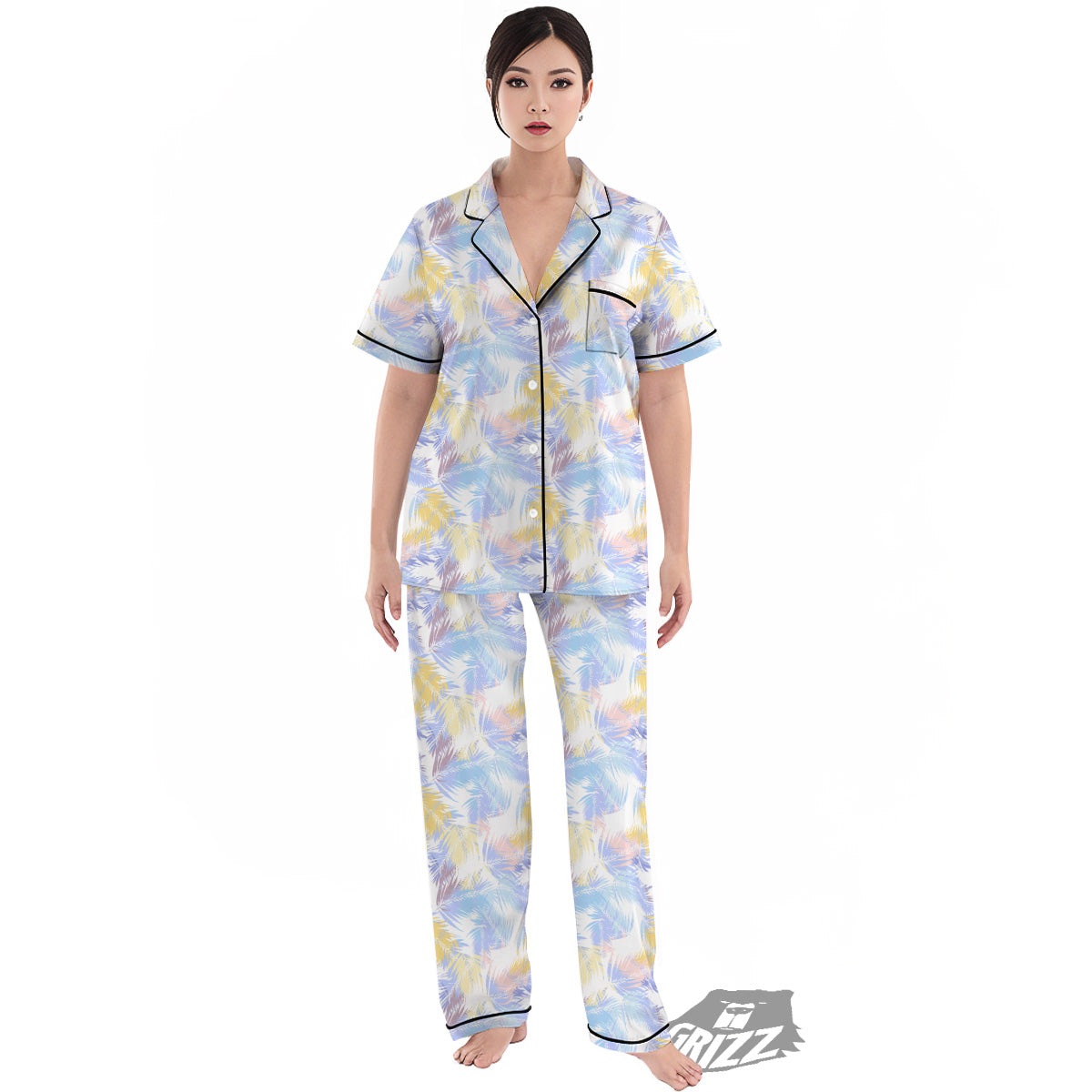 Tropical Palm Leaf Pastel Print Pattern Women's Pajamas Set-grizzshop