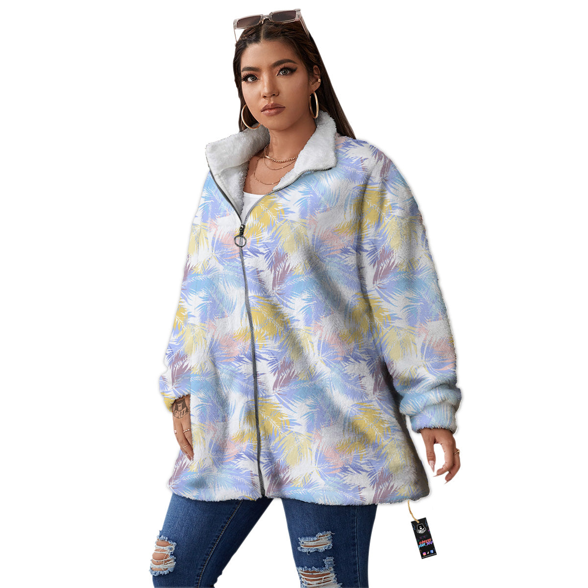 Tropical Palm Leaf Pastel Print Pattern Women's Sherpa Jacket-grizzshop