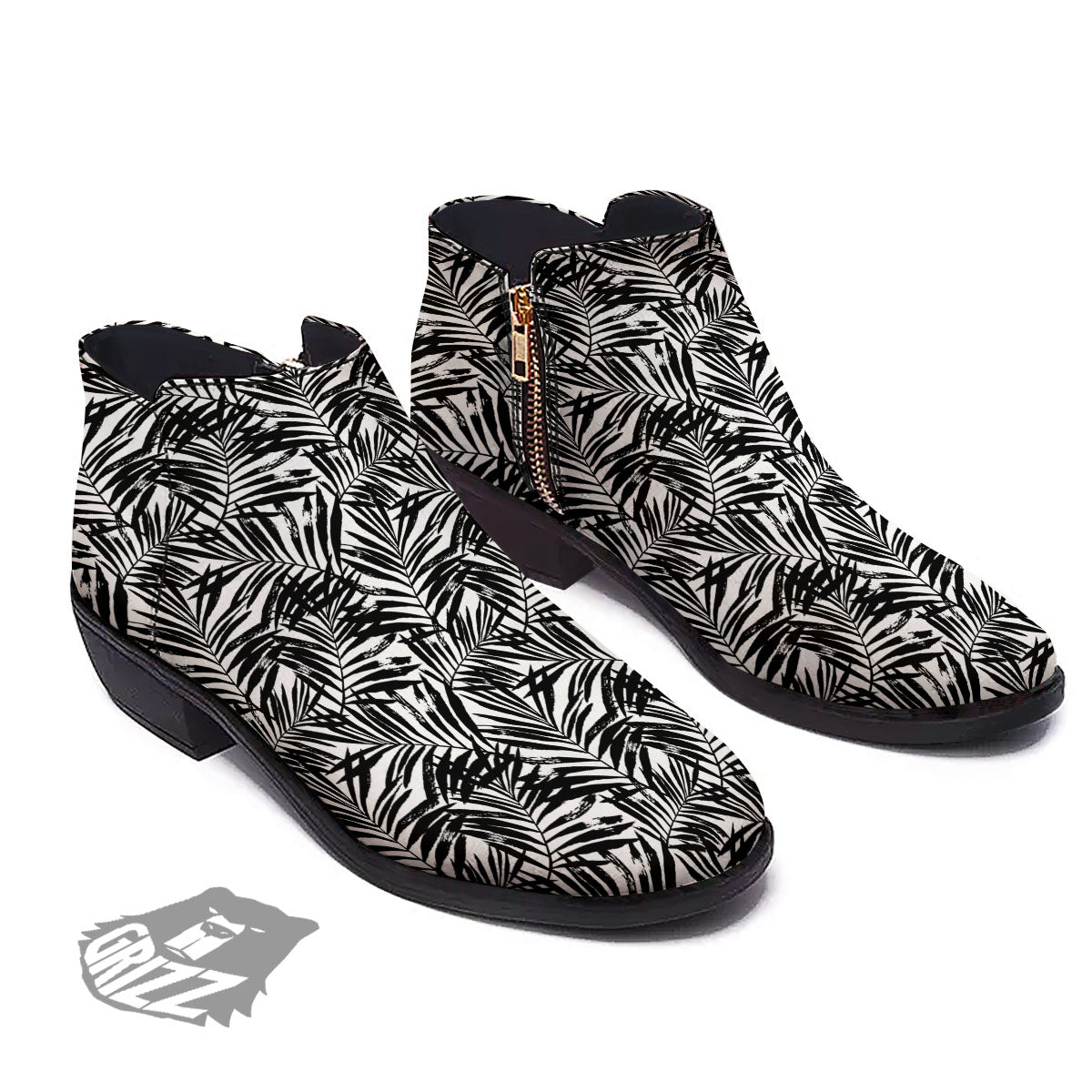 Tropical Palm Leaf White And Black Print Ankle Boots-grizzshop