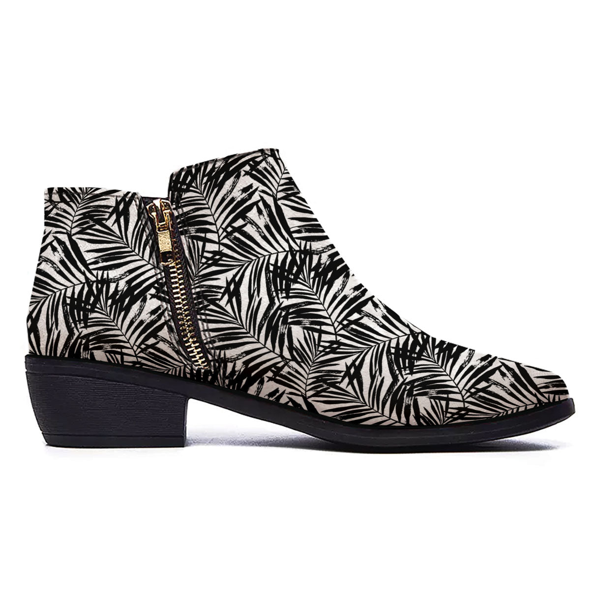 Tropical Palm Leaf White And Black Print Ankle Boots-grizzshop