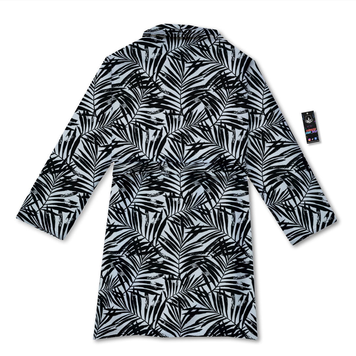 Tropical Palm Leaf White And Black Print Bathrobe-grizzshop