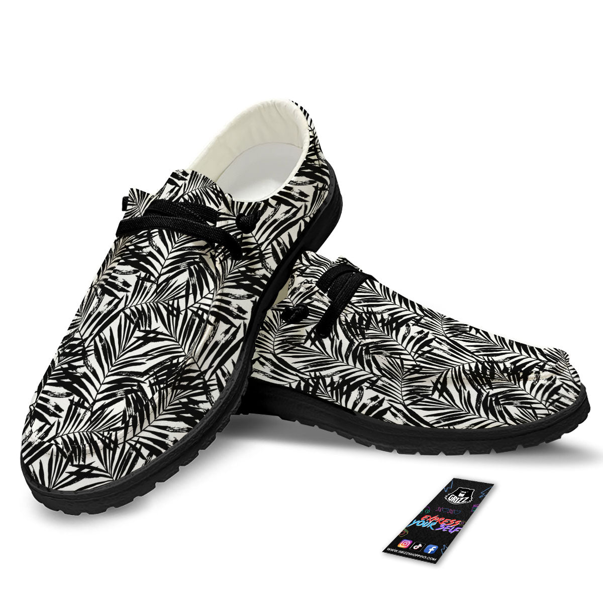 Tropical Palm Leaf White And Black Print Black Loafers-grizzshop