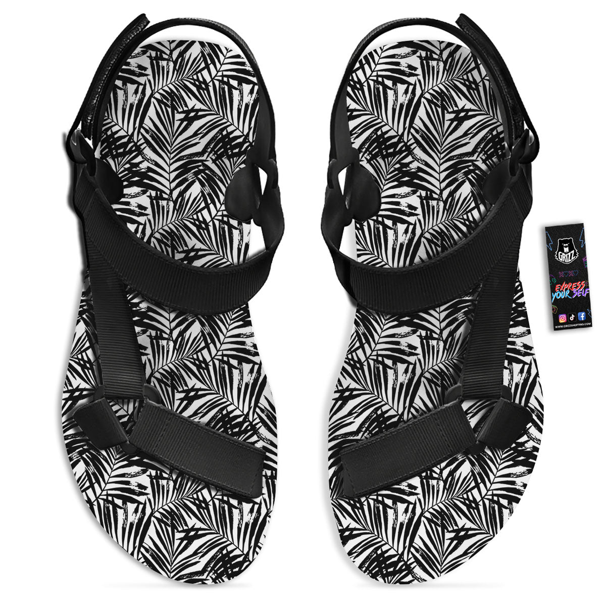 Tropical Palm Leaf White And Black Print Black Open Toe Sandals-grizzshop