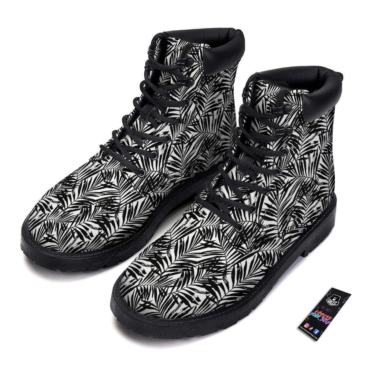 Tropical Palm Leaf White And Black Print Boots-grizzshop