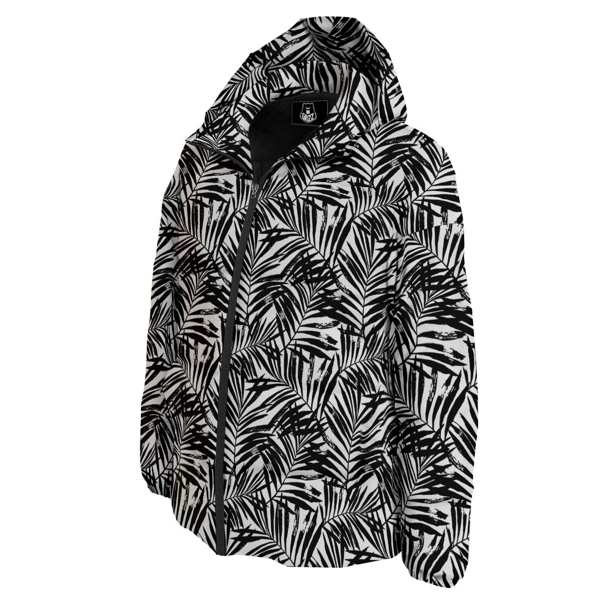 Tropical Palm Leaf White And Black Print Down Jacket-grizzshop