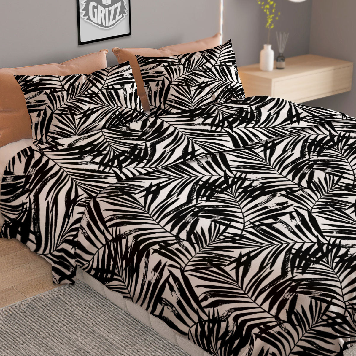 Tropical Palm Leaf White And Black Print Duvet Cover Bedding Set