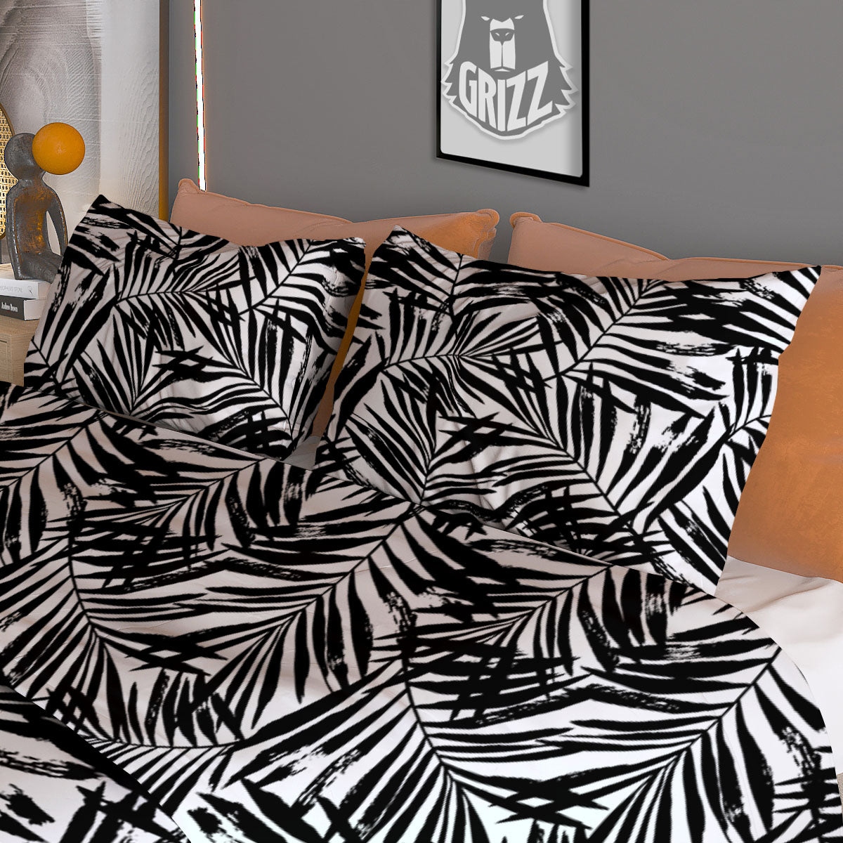 Tropical Palm Leaf White And Black Print Duvet Cover Bedding Set