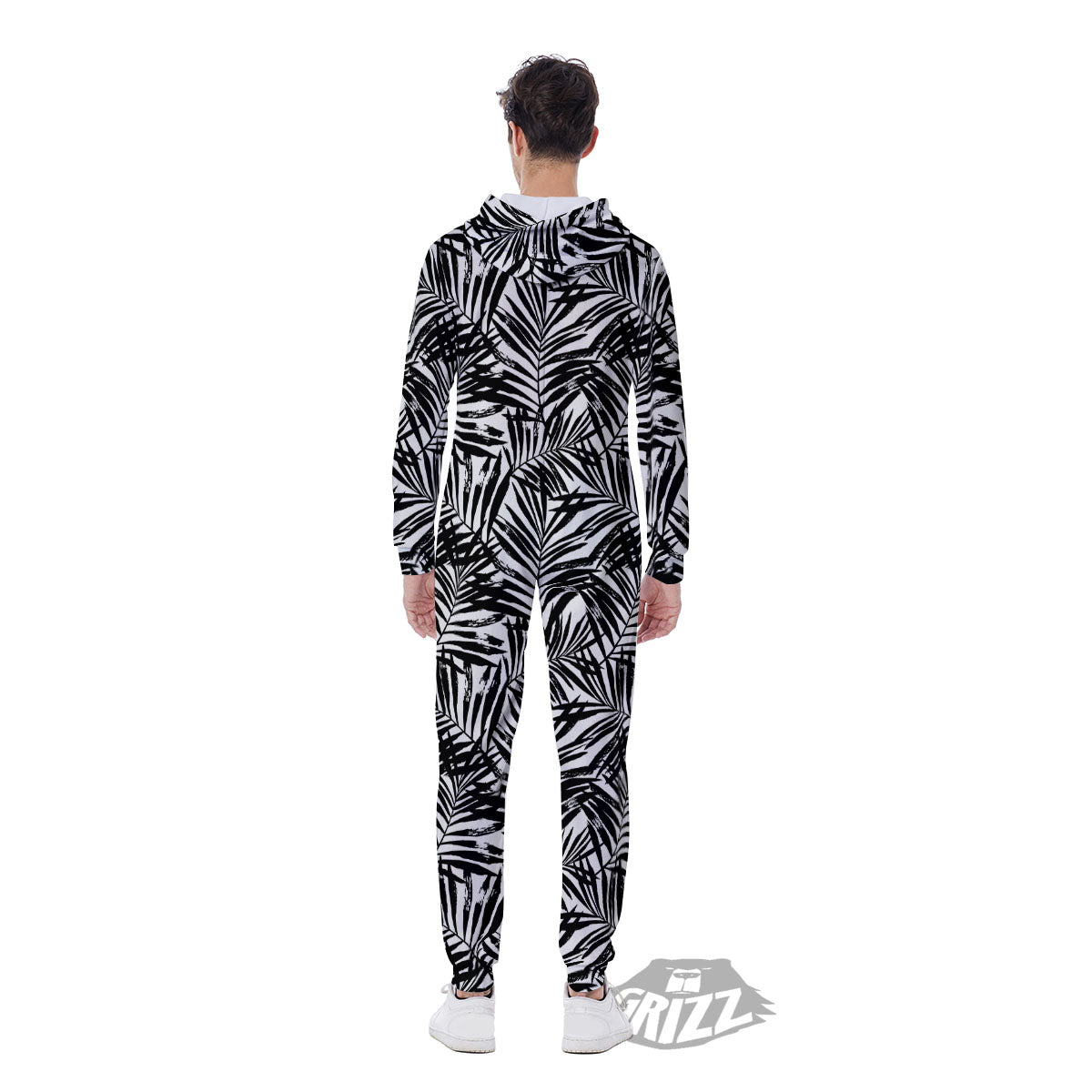 Tropical Palm Leaf White And Black Print Men's Jumpsuit-grizzshop