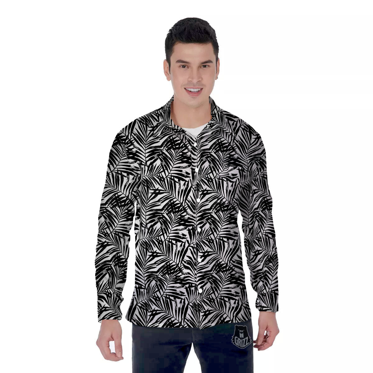 Tropical Palm Leaf White And Black Print Men's Long Sleeve Shirts-grizzshop