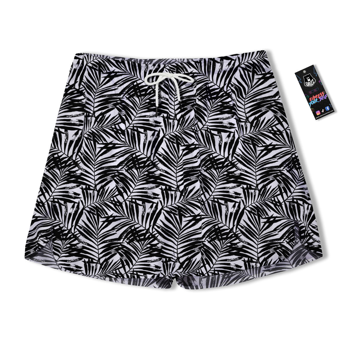 Tropical Palm Leaf White And Black Print Men's Running Shorts-grizzshop