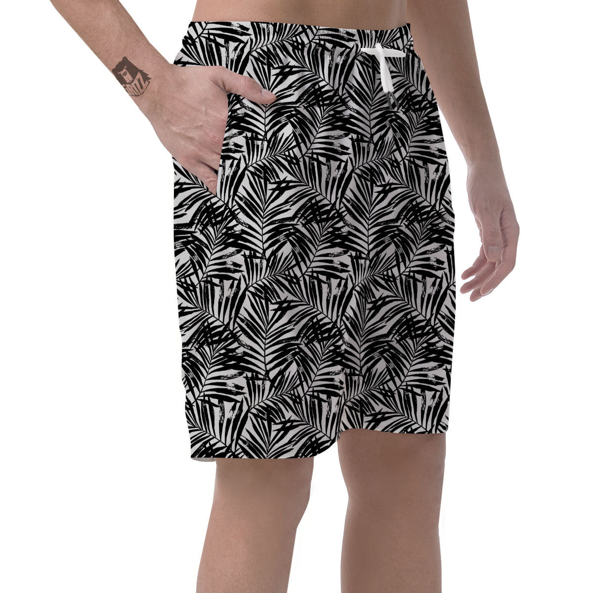 Tropical Palm Leaf White And Black Print Men's Shorts-grizzshop
