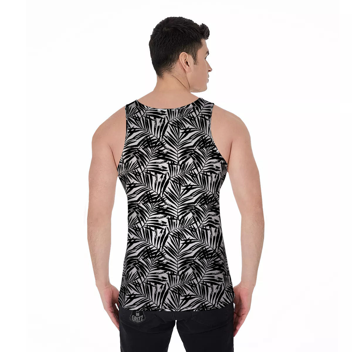 Tropical Palm Leaf White And Black Print Men's Tank Top-grizzshop