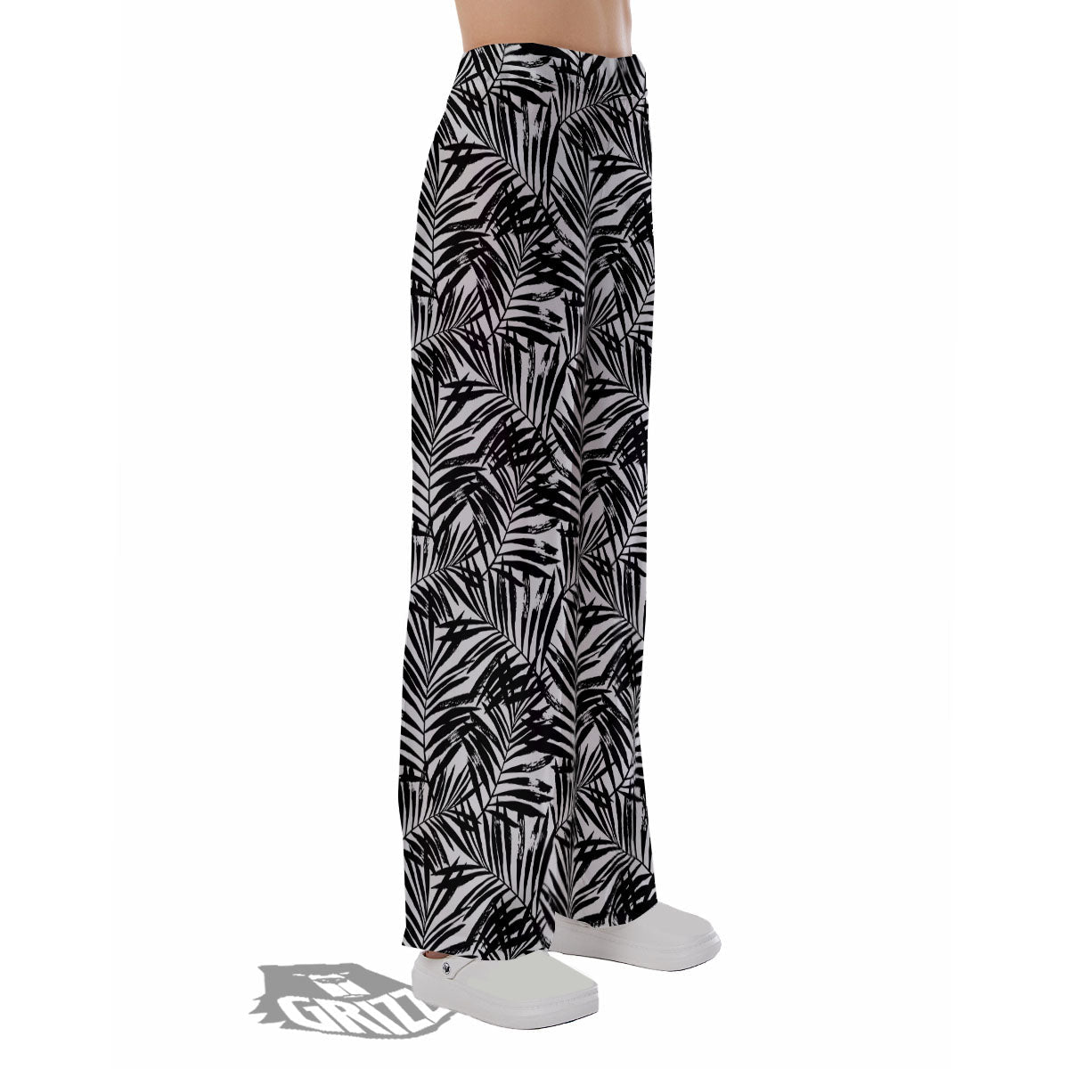 Tropical Palm Leaf White And Black Print Pajama Pants-grizzshop