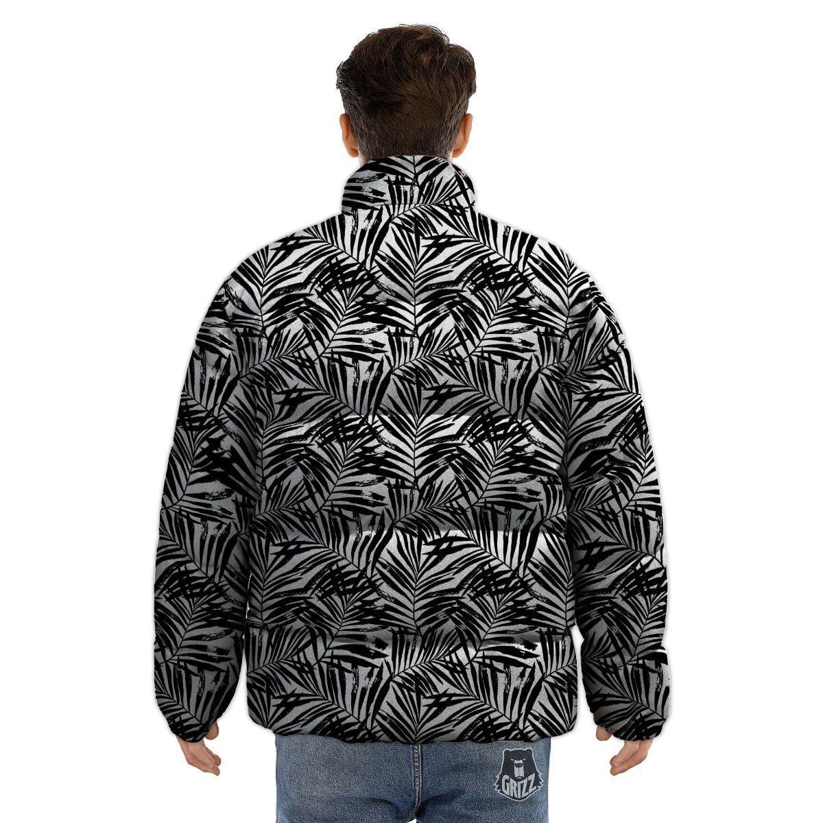 Tropical Palm Leaf White And Black Print Puffer Jacket-grizzshop