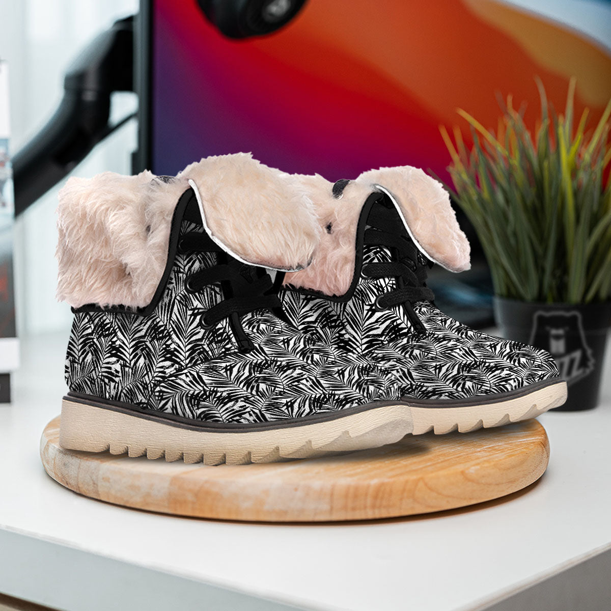 Tropical Palm Leaf White And Black Print Snow Boots-grizzshop