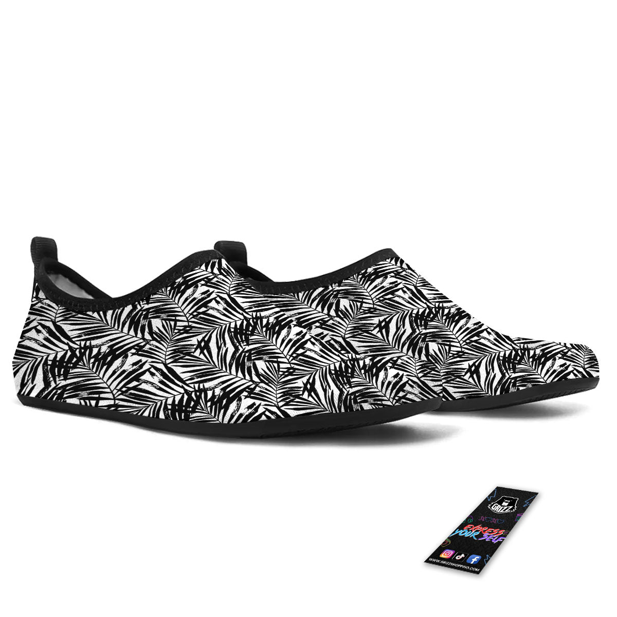 Tropical Palm Leaf White And Black Print Water Shoes-grizzshop