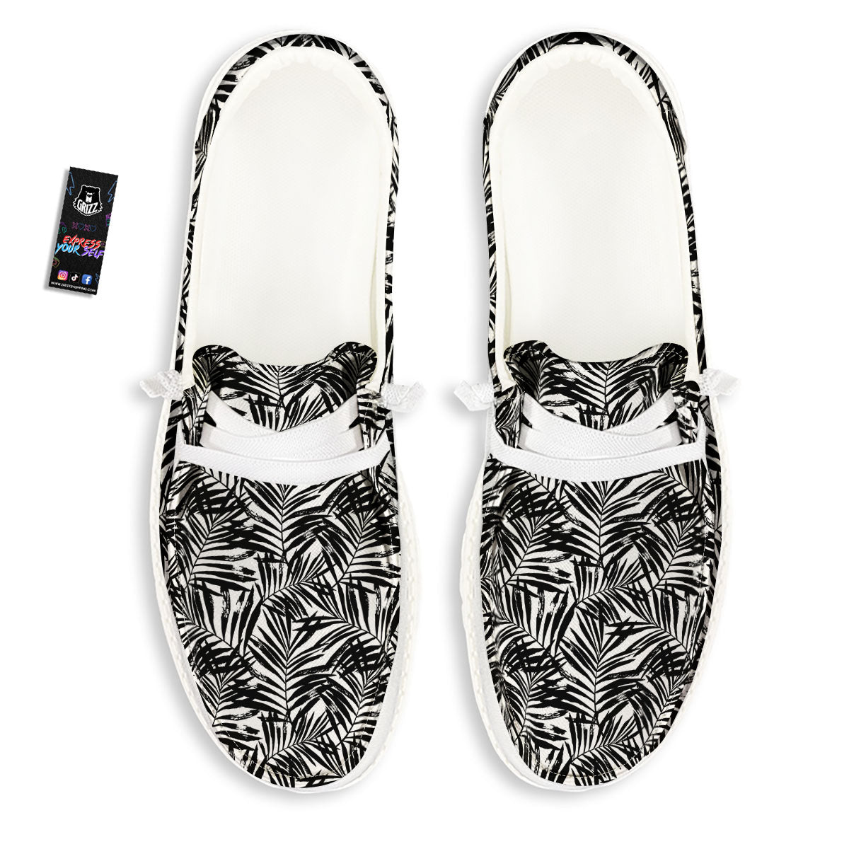 Tropical Palm Leaf White And Black Print White Loafers-grizzshop