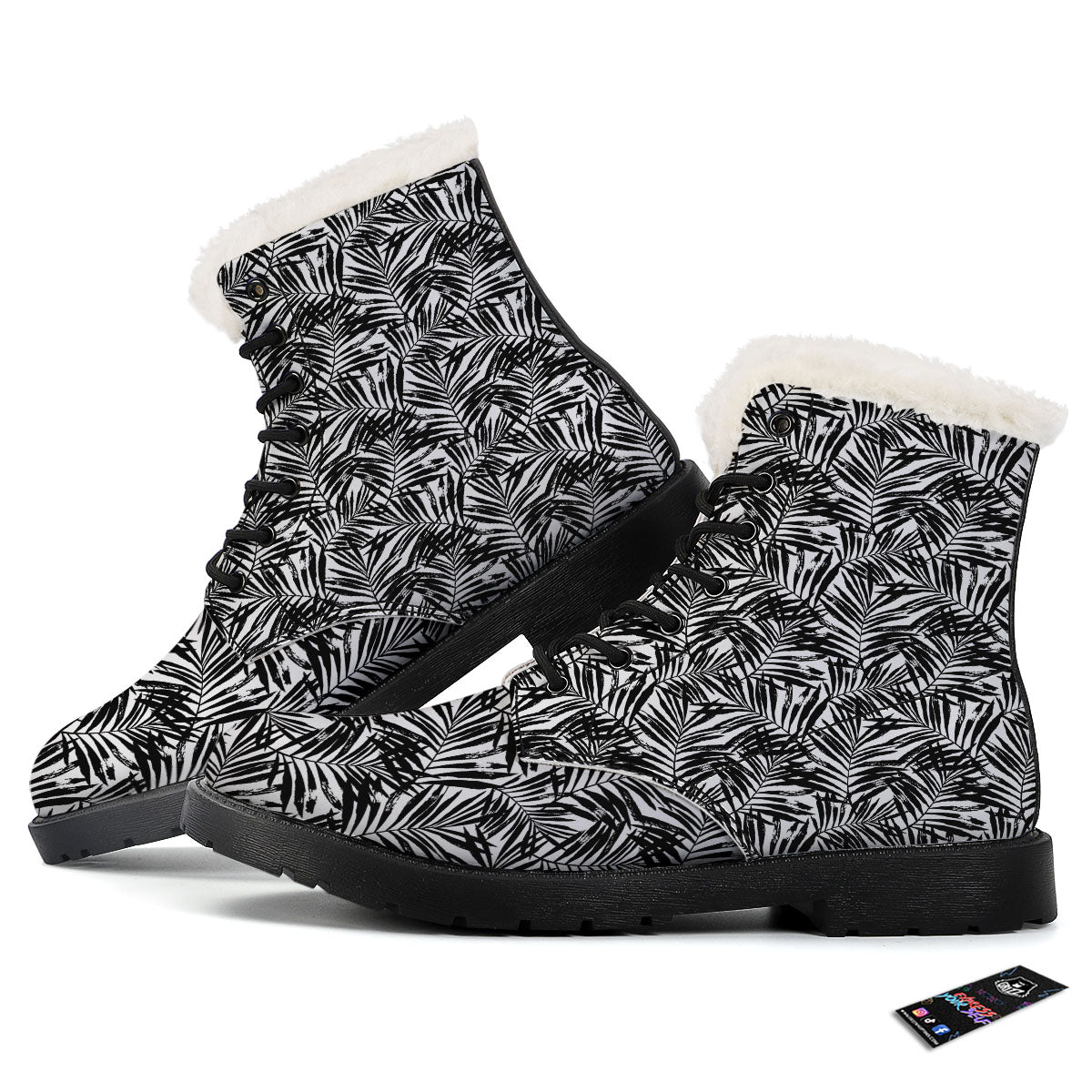 Tropical Palm Leaf White And Black Print Winter Boots-grizzshop