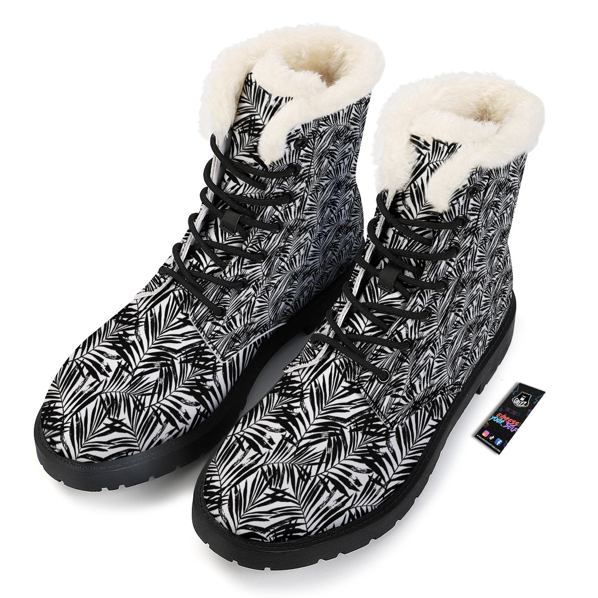 Tropical Palm Leaf White And Black Print Winter Boots-grizzshop