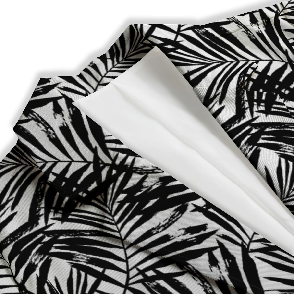 Tropical Palm Leaf White And Black Print Women's Blazer-grizzshop
